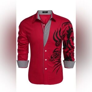 Coofandy mens Sz: 3xl Causal Button Up Dress shirt Maroon black tribal graphic.